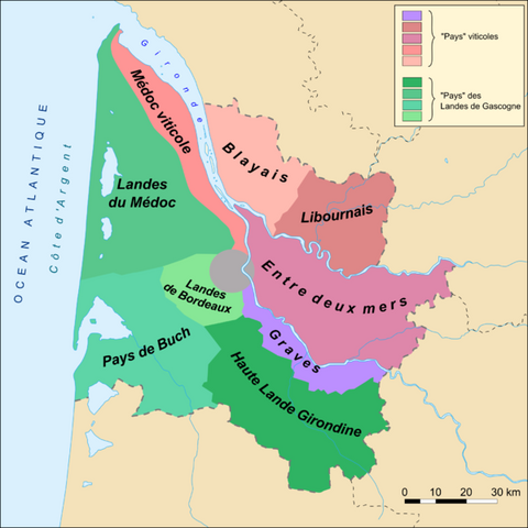 Carte des pays viticoles de Gironde, Médoc, Blayais, Libournais, Entre-deux-mers, Landes de Bordeaux, Pays de Buch, Graves - Photo sous licence CC-BY-SA-2.5